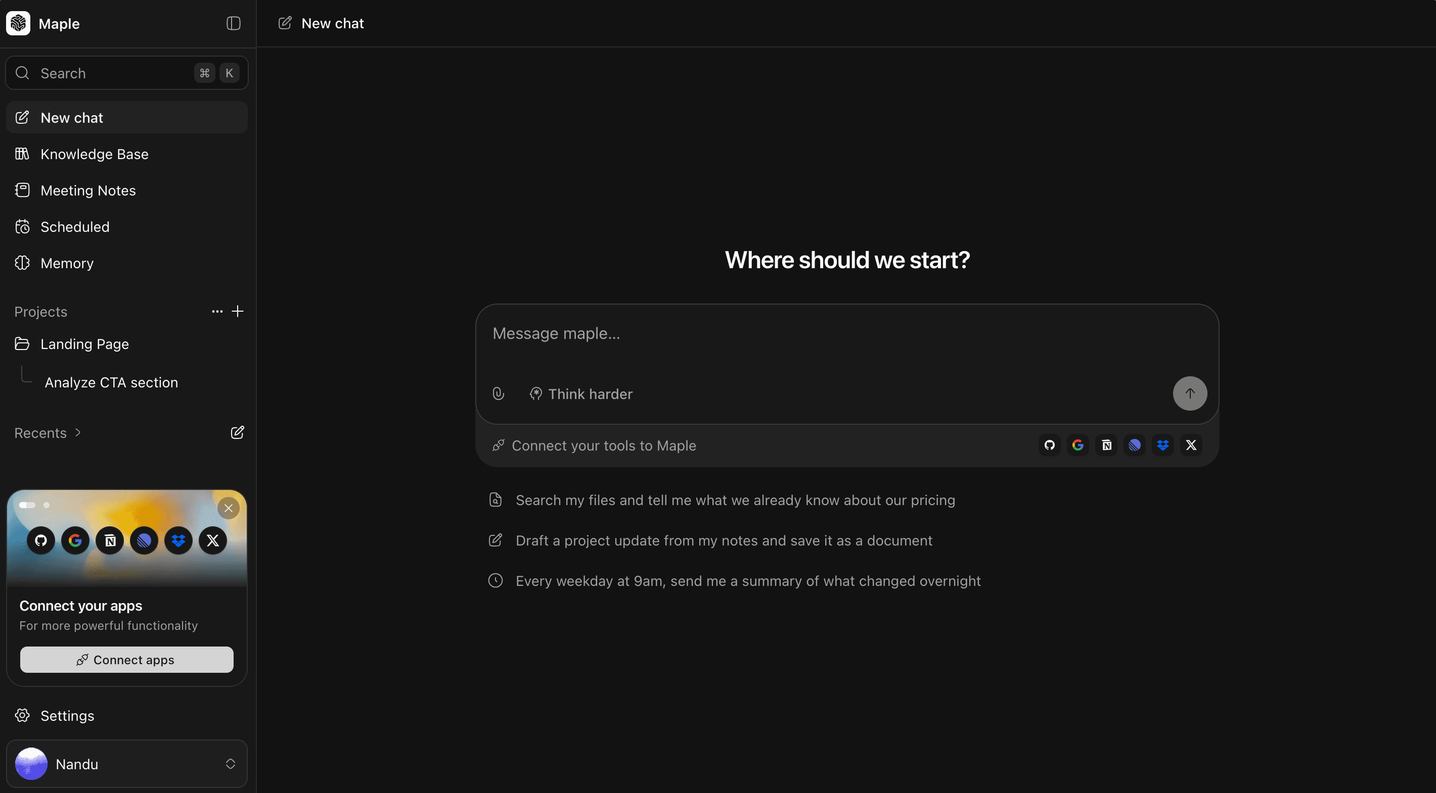 Ask Maple workspace with a chat composer, connected tools, and scheduled runs